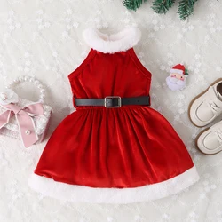 Toddler Girls Xmas Party A-line Dress Sleeveless Crew Neck Furry Patchwork Dress with Belt Christmas Costume