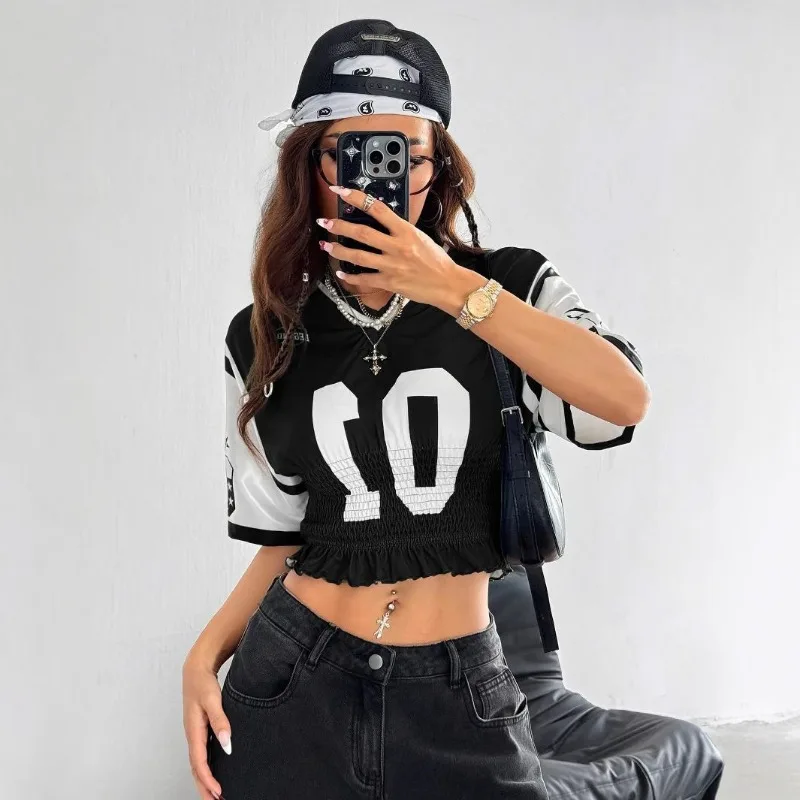 

American Style Jersey Patchwork Short Top Y2k Summer Digital Print V-neck Spicy Girl Elastic Ruffle Design Short Sleeved T-shirt