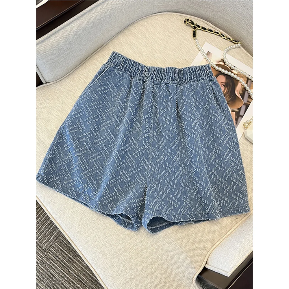 Two Pieces Women Summer Denim Suits Pring V-neck Loose One Breasted Tops Shirts+High Waist Wide Leg Shorts 2pcs Female Sets