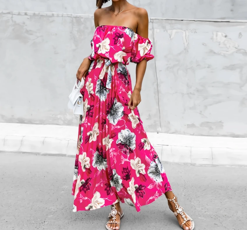 

Summer Women's Dress Fashion Sexy Floral Print Off Shoulder Puff Short Sleeve Tie Details High Waist A-line Maxi Pleated Dress