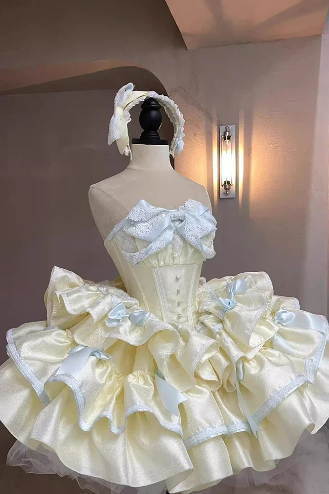 

Lolita Tube Top Cake Dress Women's French Sweet Fluffy Princess Dresses Ruffle Edge Bow Design Banquet Birthday Dress Yellow New