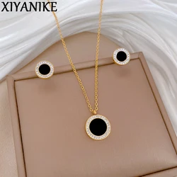 XIYANIKE 316L Stainless Steell Necklace Earring Set Black Temperament Drop Paint Circular Crystal Woman Clavicle Chain Ear studs