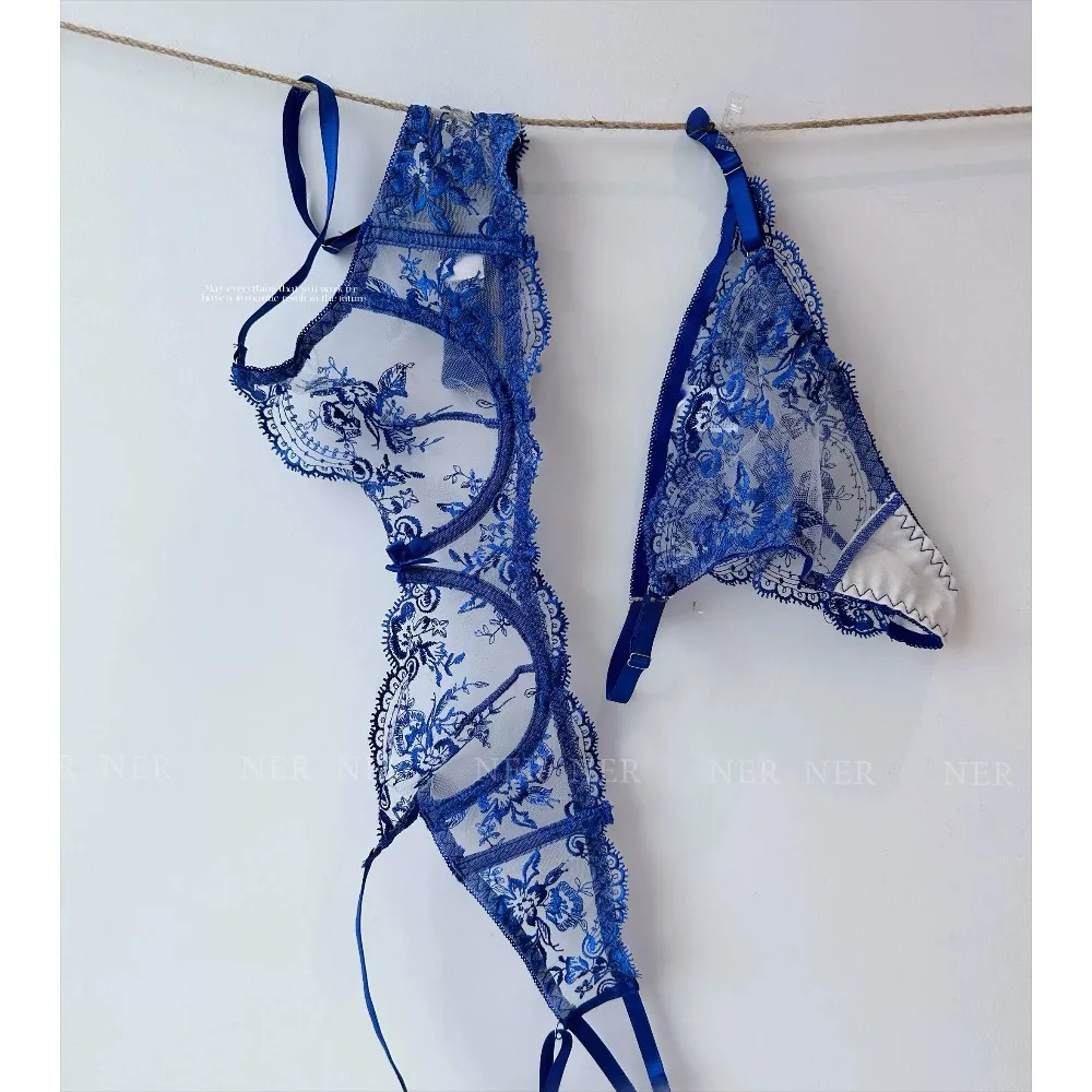 BANERDANNI Slightly Transparent Mesh Lace Embroidery Bra Set Underwire French Thin Minimizer Sexy Lingerie Party Daily Wear S-XL