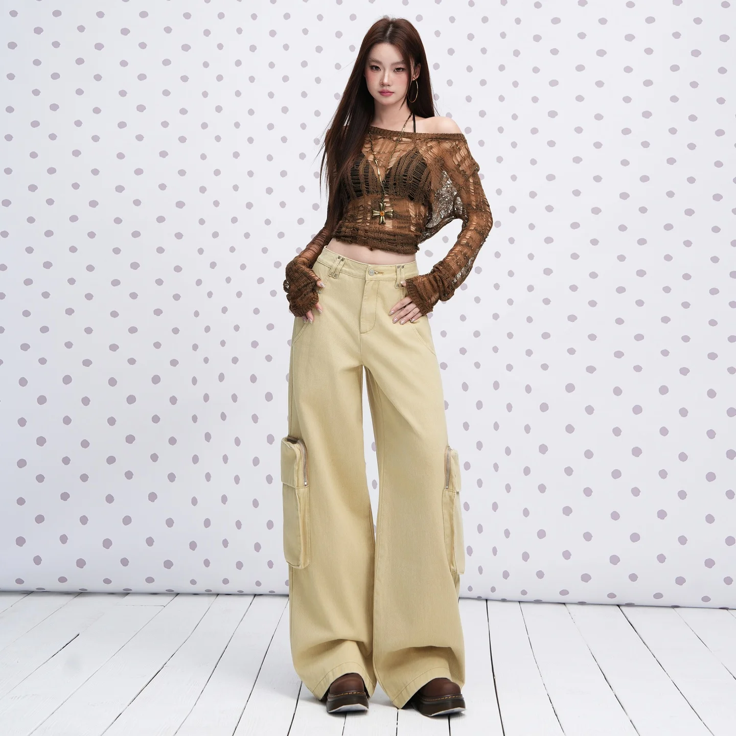 2026 Early Autumn Women Khaki Cotton High Waist Cargo Pants Multi‑Pocket Stylish Loose Wide Leg Casual Street Baggy Trousers