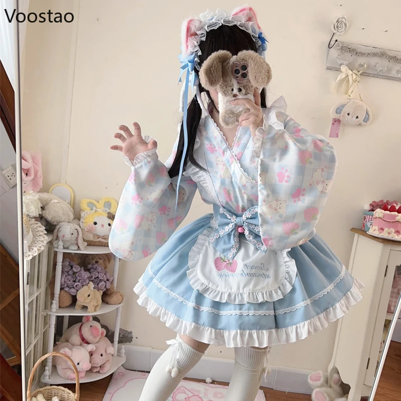 Japanese Sweet Lolita Kimono Dress Women Kawaii Strawberry Cat Print Bow Apron Maid Cosplay Costumes Girls Animation Show Dress