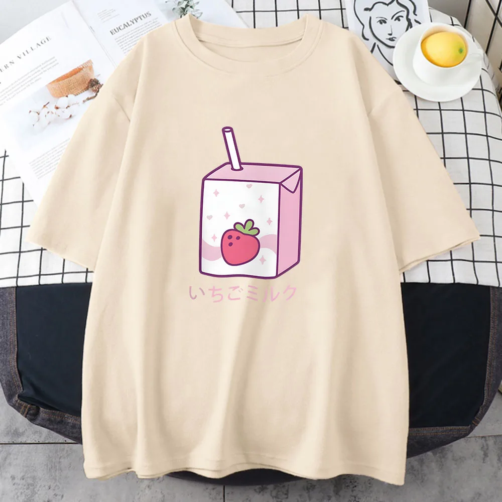 Strawberry Milk Cartoon Printing Tee-shirt Kawaii Graphic Clothing for Girls Cotton Short Sleeve Spring Tshirt Aesthetic Women