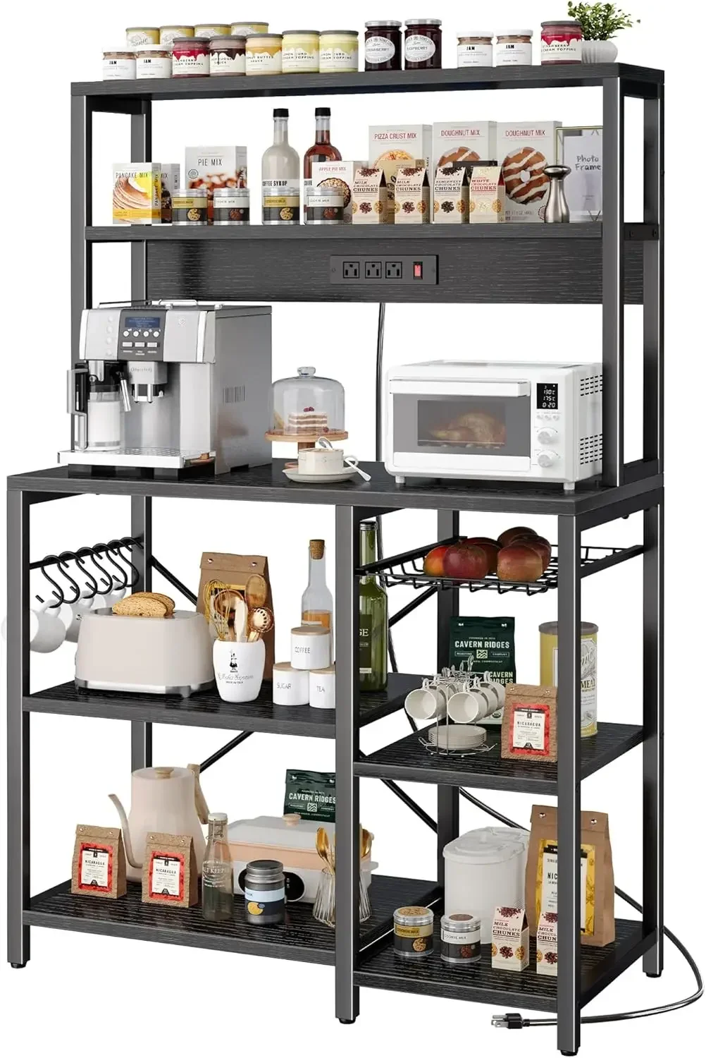 Bakers Rack with Power Outlet, 35.4 Inches Coffee Bar with Wire Basket, Kitchen Microwave Stand with 6 S-Shaped Hooks, Open