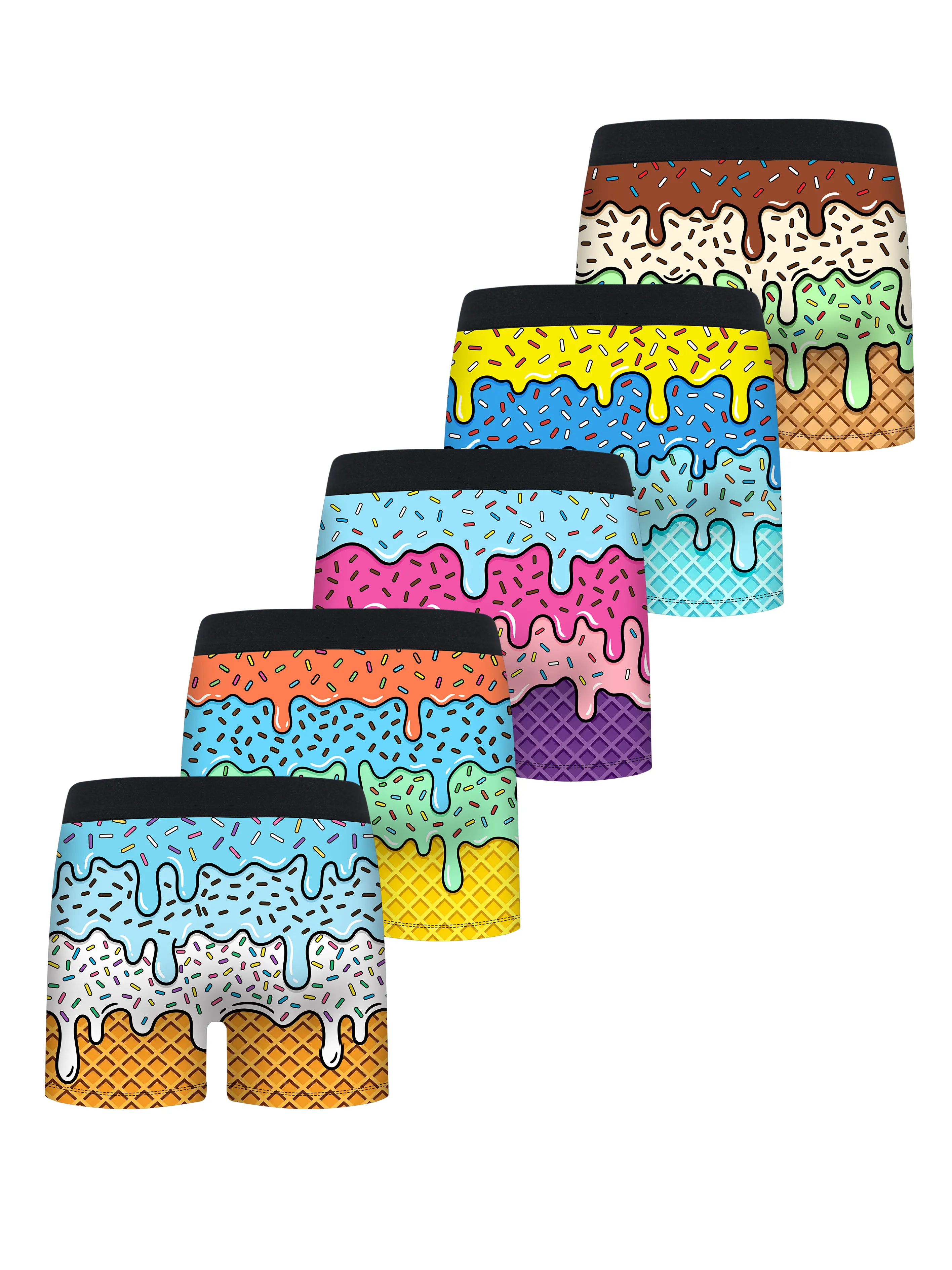 5Pcs Boys Boxer Briefs Ice Cream Waffle Print Soft Breathable 95% Polyester 5% Spandex Elastic Kids Underwear Boxer Shorts