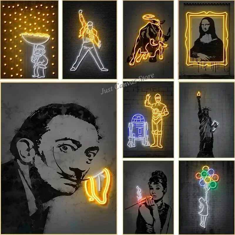 Freddie Mercury Salvador Dali Mona Lisa Portrait Neon Design Poster Canvas Wall Art for Living Room,kitchen, Home Office