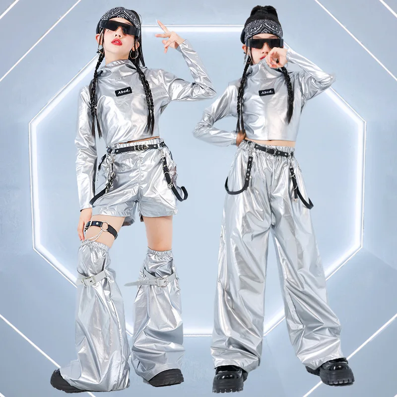 Girls K-pop Silver Crop Hoodies Shiny Cargo Pants Street Dance Shorts Kids Hip Hop Streetwear Children Jazz Hi Tech Clothes Sets
