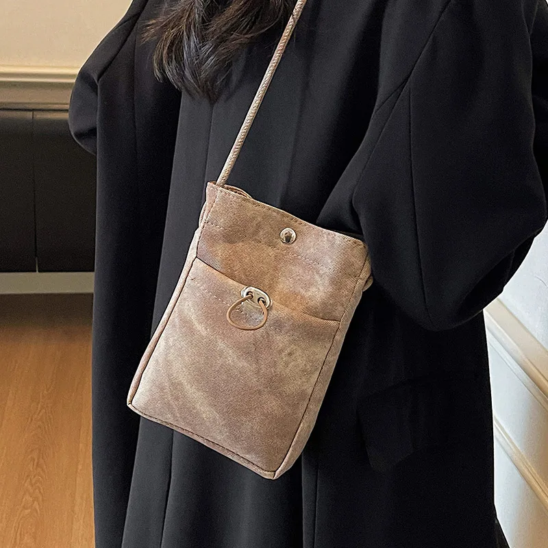 Minimalist Canvas Shoulder Bag, Women's Retro Mobile Phone Pouch, Versatile Solid Color Crossbody Purse for Work/School