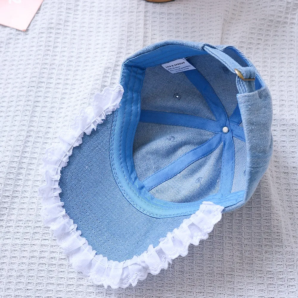 Girls Bow Lace Denim Baseball Hats Fashion Children Peaked Hat Cotton Baby Casual Princess Caps Cotton Retro Kids Sunscreen Cap