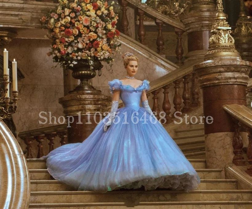 Sky Blue Fairytale Princess Ball Gowns Evening Dresses Dreamy Strapless Lace Appliquéd Corset Puffy Dresses Masquerade Party