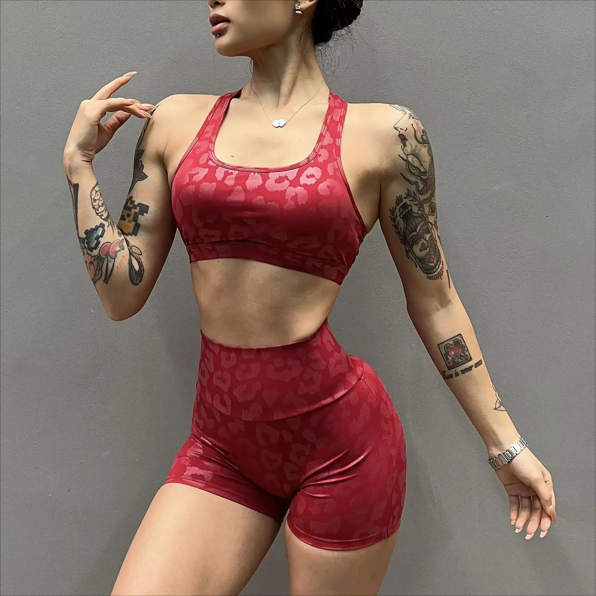 Gym Clothes Sports Suit Yoga Fitness Bra Women's Leopard Print Underwear High-strength High-waist Hip Lift Breathable Shorts