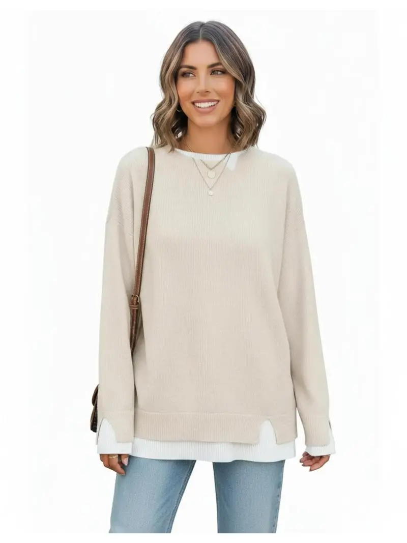 

Quality Casual Style Autumn 2026 Women's Sheep Cashmere Loose Fit Sweater round Neck Thick Long Sleeve Padded Color Block