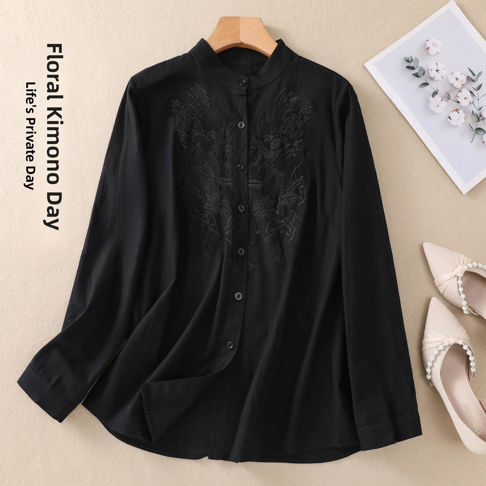 Retro Embroidered Stand Collar Shirt Women's Heavy Work Cotton Long Sleeve Spring Autumn Top Fashionable Versatile Loose Fit