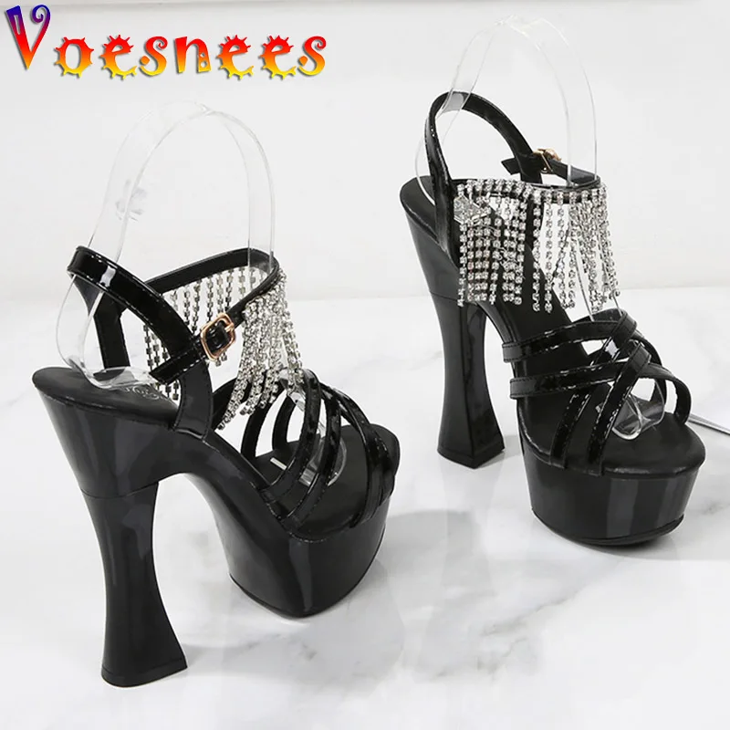 

Ankle Chain Tassels Steel Pole Dance Shoes New Rhinestone High Heels Prom Pumps Summer Fashion Thin Band Nightclub Women Sandals