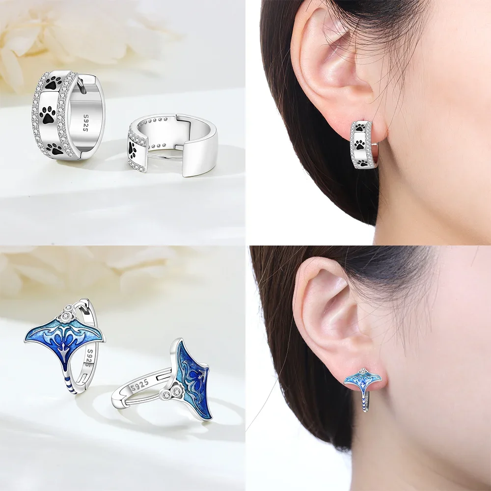 Fashion Earrings 925 Silver Bee Butterfly Blue Devil Fish Cute Pet Claw Hoop Earrings for Women Anniversary Fine Jewelry Gifts