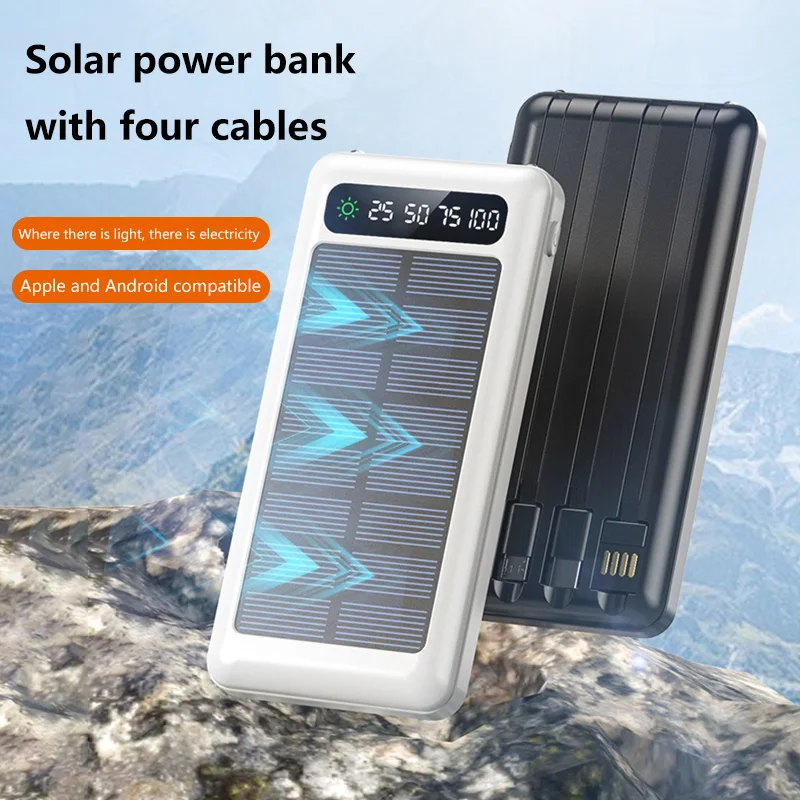 Solar Power Bank 50000 mAh wird mit vier Datenkabeln im Freien geliefert. Tragbare Lade-Poverbank für alle Smartphones. Ersatzbatterie