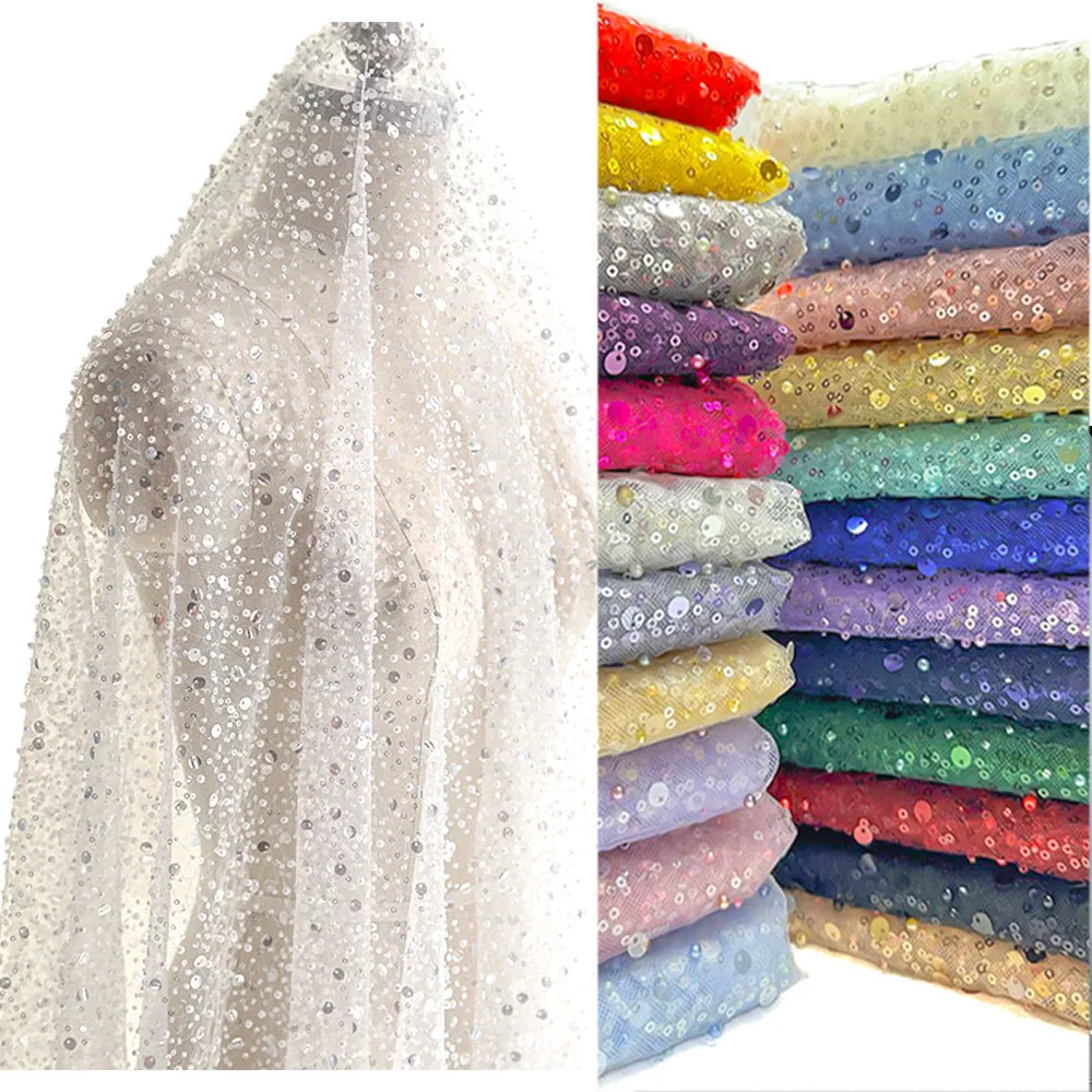 

French Style Sequin Mesh Lace Fabric Pearl Bead Heavy Craft Tulle Soft Net For Sewing Women Luxury Dress Robe Trailing Trimming
