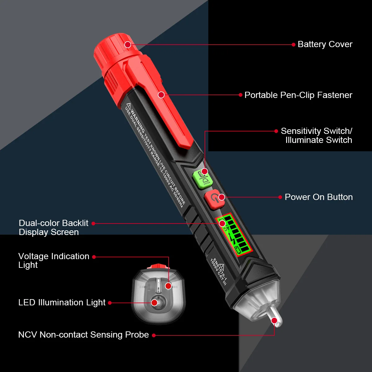 Non-contact Voltage Tester Adjustable Sensitivity Voltage Finder Detector Pen Alarm Range 12V-1000V and Live/zero Line Judgment