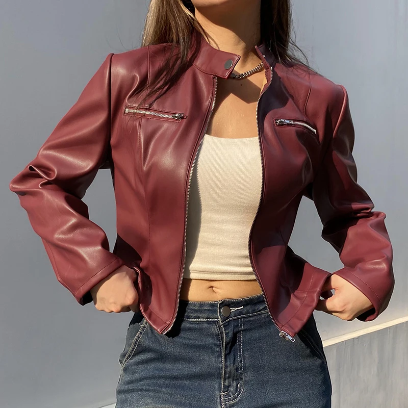 HEYounGIRL Fashion Autumn Faux Leather Jacket Vintage Red Casual Punk Style Zipper Pu Coat Streetwear Ladies Winter Outerwear