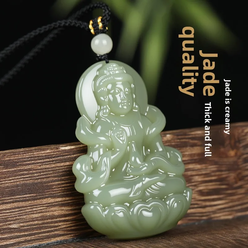 Chinese Traditional Lucky Blessing Light Green Hetian Jade Guanyin Pendant Unisex Natural Jade Amulet Necklace Bring Good Fortun