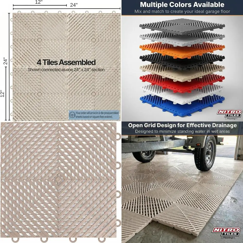 

12 x 12 Interlocking Garage Floor Tiles - Vented, Self-Draining for Garages, Basements, Wet Areas - Heavy-Duty Polypropylene, Sa