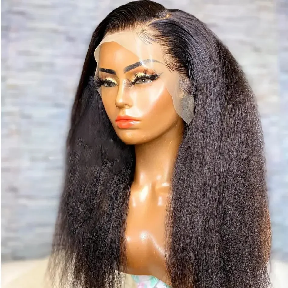 Yaki Wig lurus Natural hitam lembut tanpa lem panjang 180 renda depan rambut untuk wanita rambut bayi 26 inci panjang tahan panas prepked