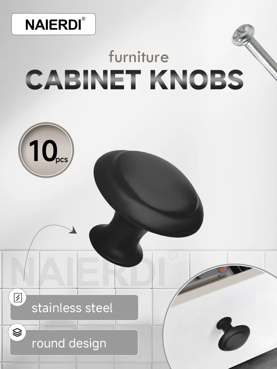 

NAIERDI 10PCS Cabinet Knobs Black Silver Stainless Steel Drawer Knobs Furniture Handles Kitchen Wardrobe Dresser