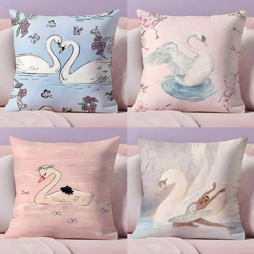 Wildflower Cute Pink Swan Cushion Cover Plush Fabric Soft Double-Sided Printed Sofa Warm Winter Home Gift Pillow Cover