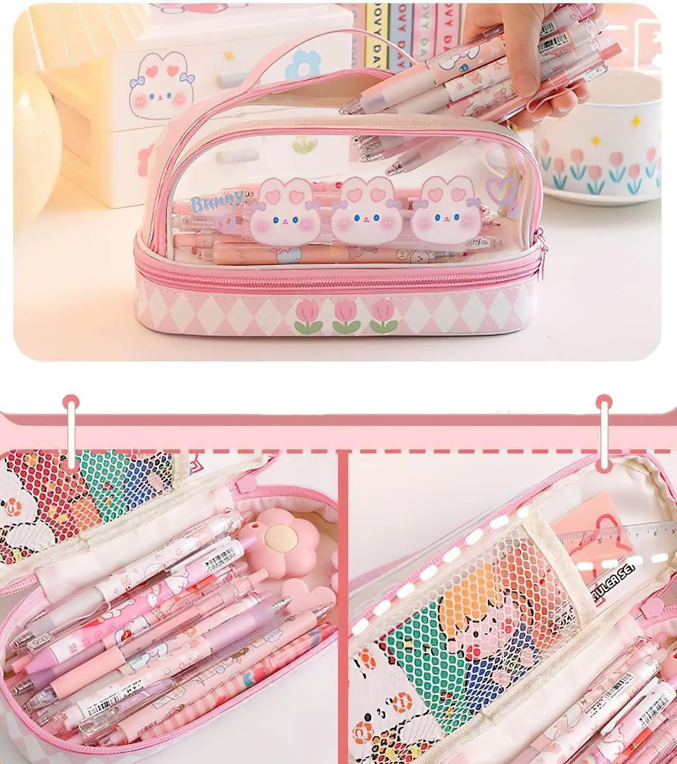Kawaii Aesthetic Cute Pencil Case Bag Large Storage High Capacity Stationery with 2 Compartments Pouch Box Holder Organizer