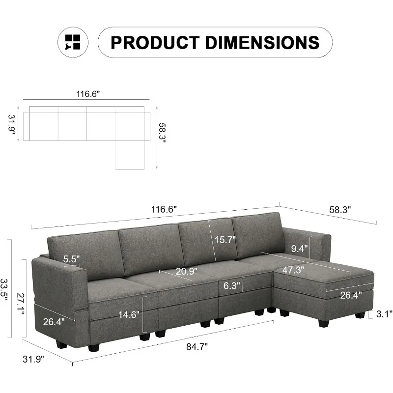 L-förmiges Sofa mit Sitz mit Stauraum, Stoff, modulare Sofagarnitur, wendbare Chaiselongue, L-Couch, Sofagarnitur, Grau