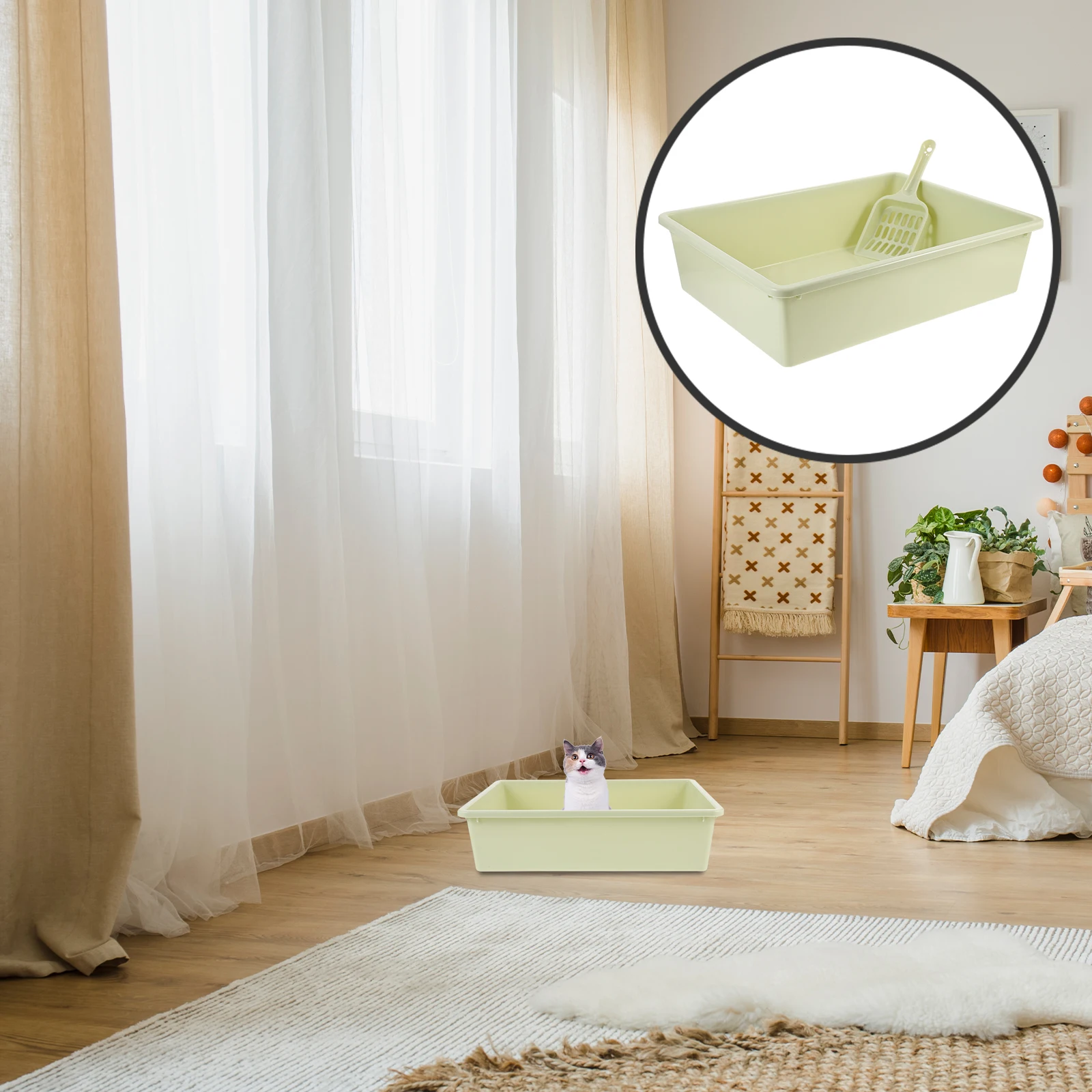 

1 Set Of Household Cat Litter Box Plastic Cat Toilet Pan With Scoop Portable Large Capacity Durable Pp Material Easy Clean Open