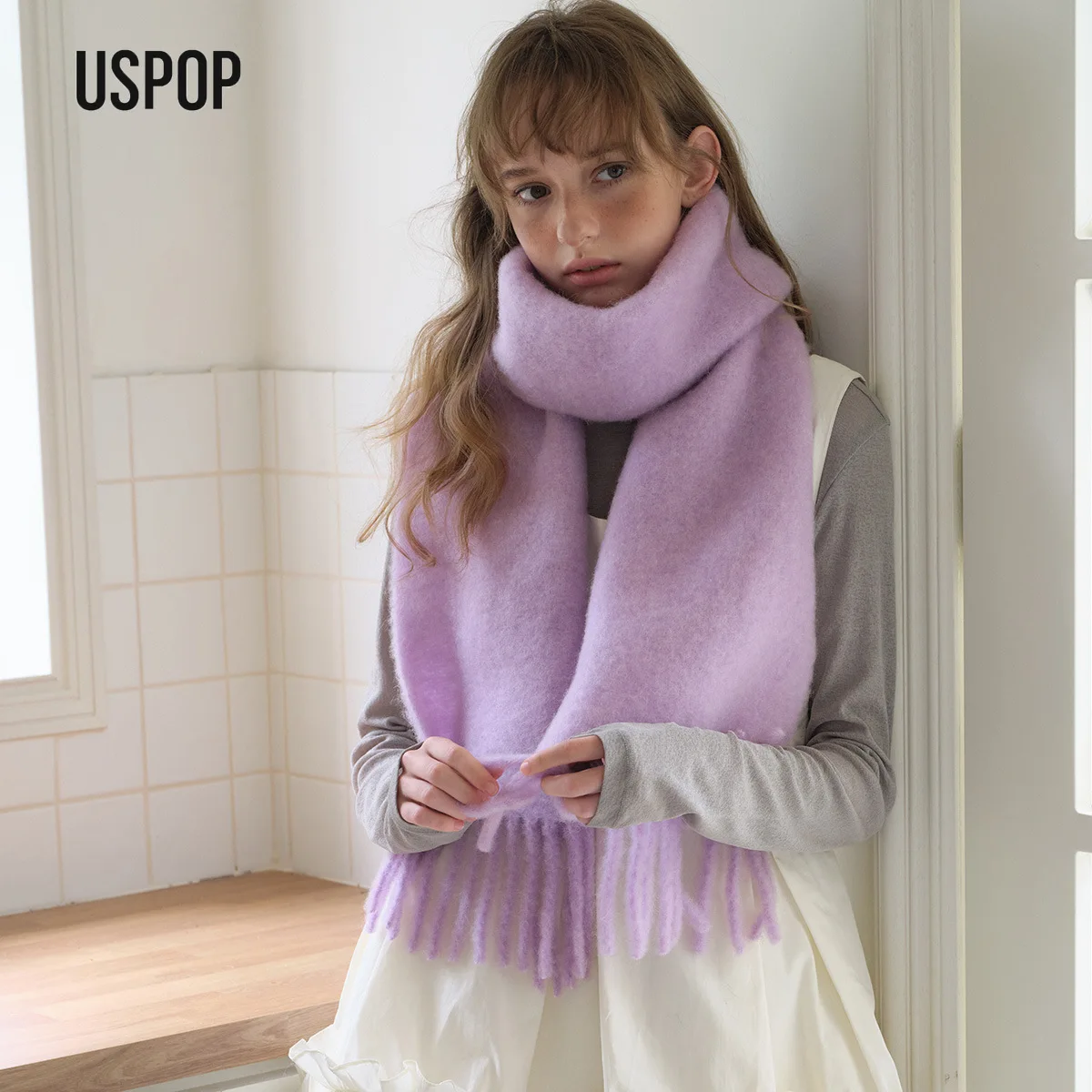 USPOP Alpaca Wool Blend Scarf for Women Winter Korean Style Solid Color Warm Neck Wrap