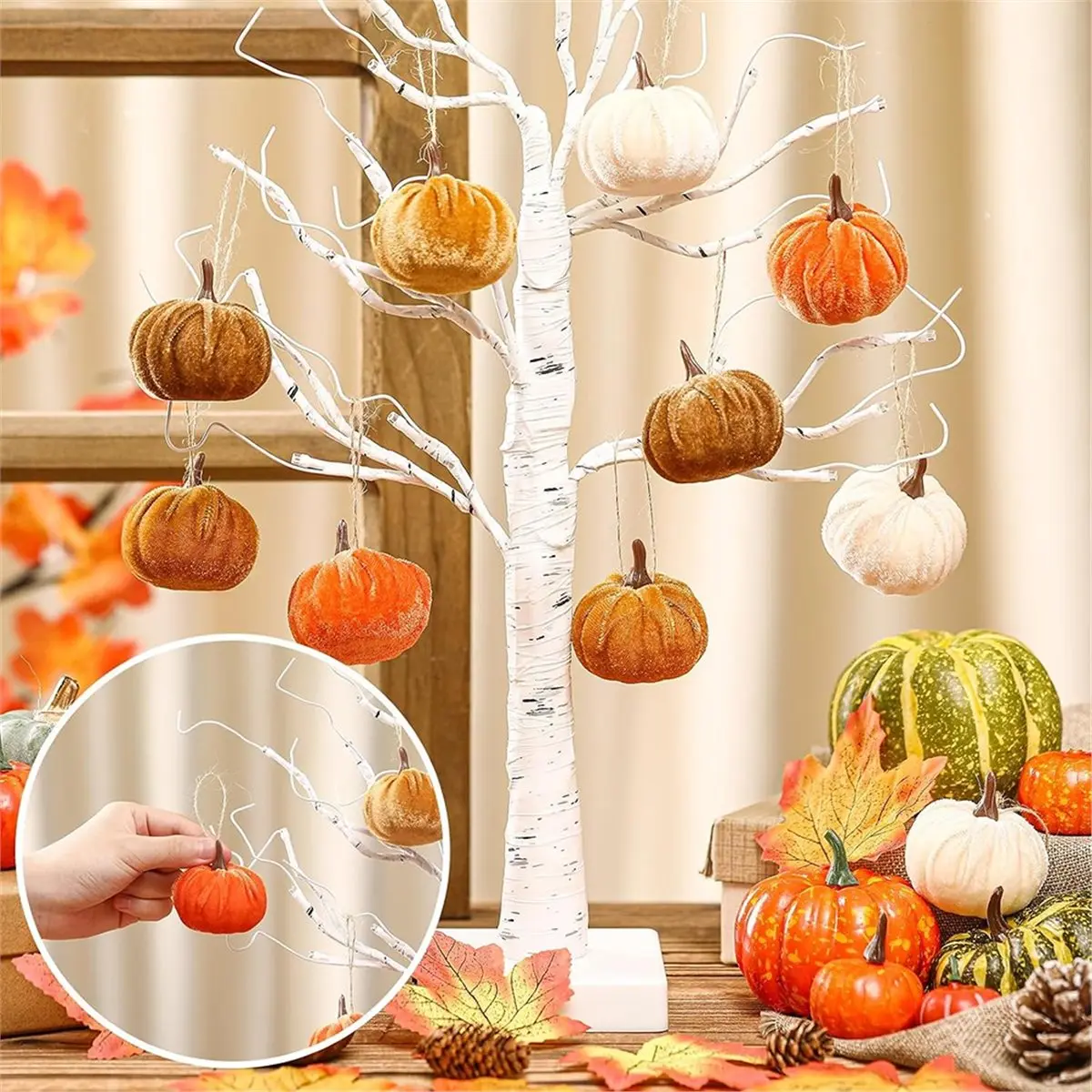 2026 New Tool 24 Pcs Fall Tree Ornaments - Mini Velvet Pumpkin Hanging Ornaments for Autumn Home Party Hanging Decor