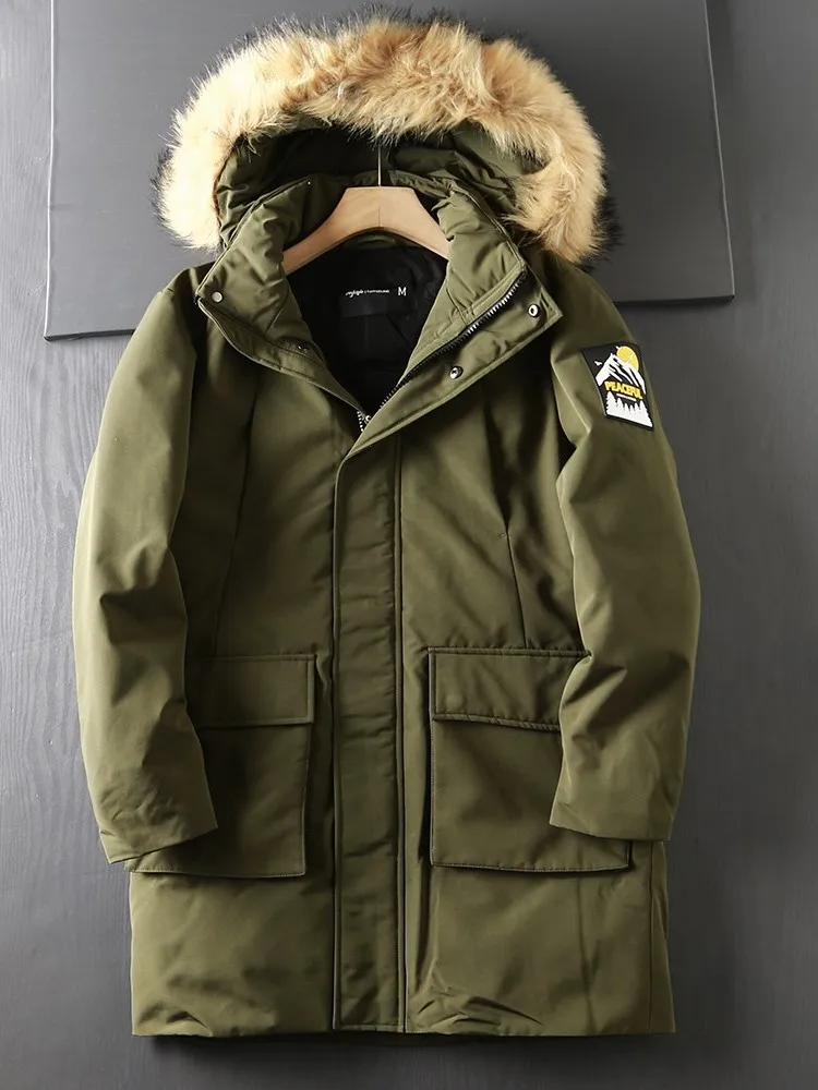 

Men's Winter down Jaet Thiened Puffy Hooded Coat Large Fur Collar Parka Coat with Big kets Straight Cut Thiened