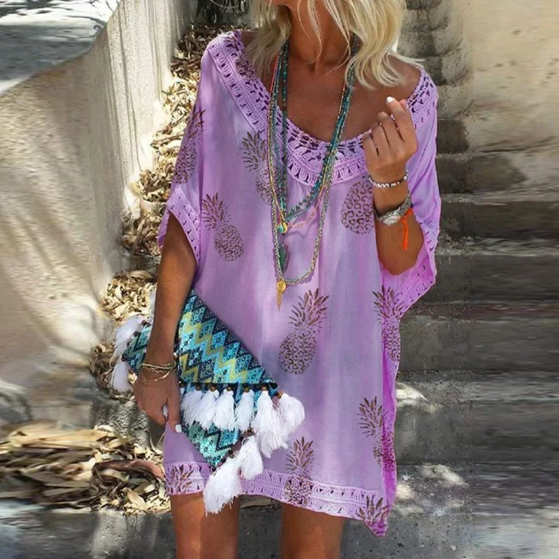 Women V Neck Lace Patchwork Party Dress Summer Batwing Short Sleeve Boho Mini Dress Spring Pineapple Print Loose Beach Dress