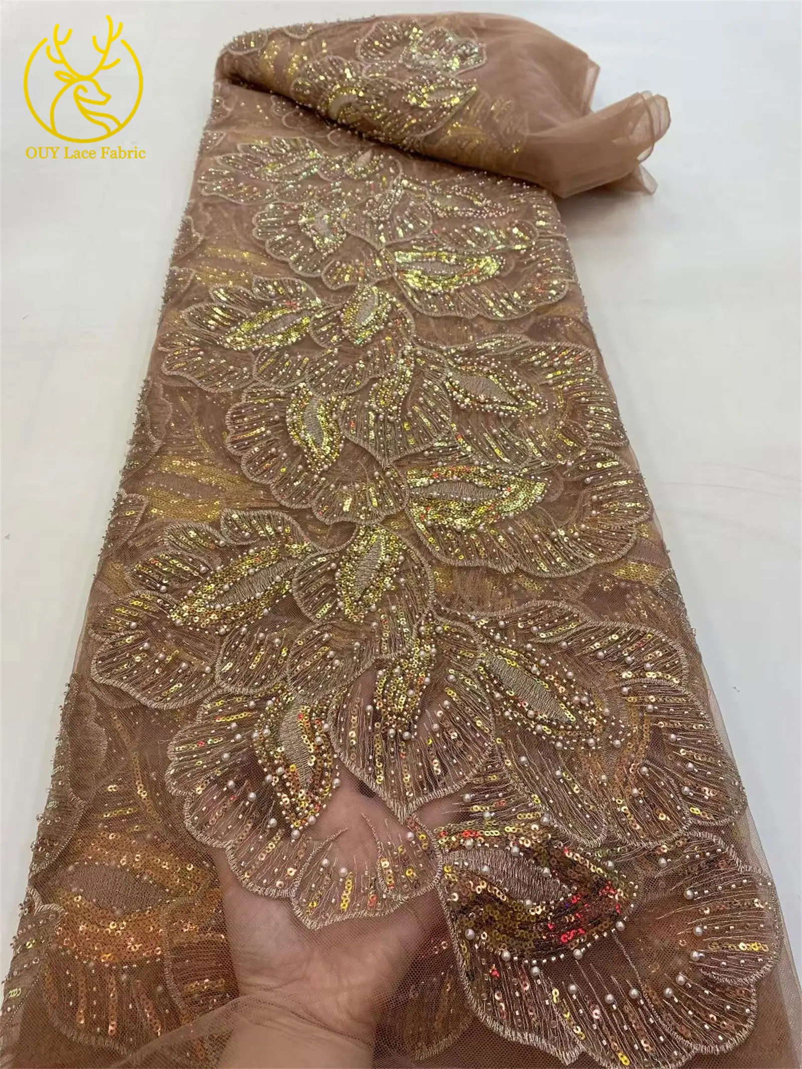 Eleganter afrikanischer Spitzenstoff mit Pailletten und Perlen, 5 Yards hochwertiger französischer Tüll-Spitzenstoff, nigerianischer Spitzenstoff für Braut- und Hochzeitsfeiern zum Nähen – Detail 13