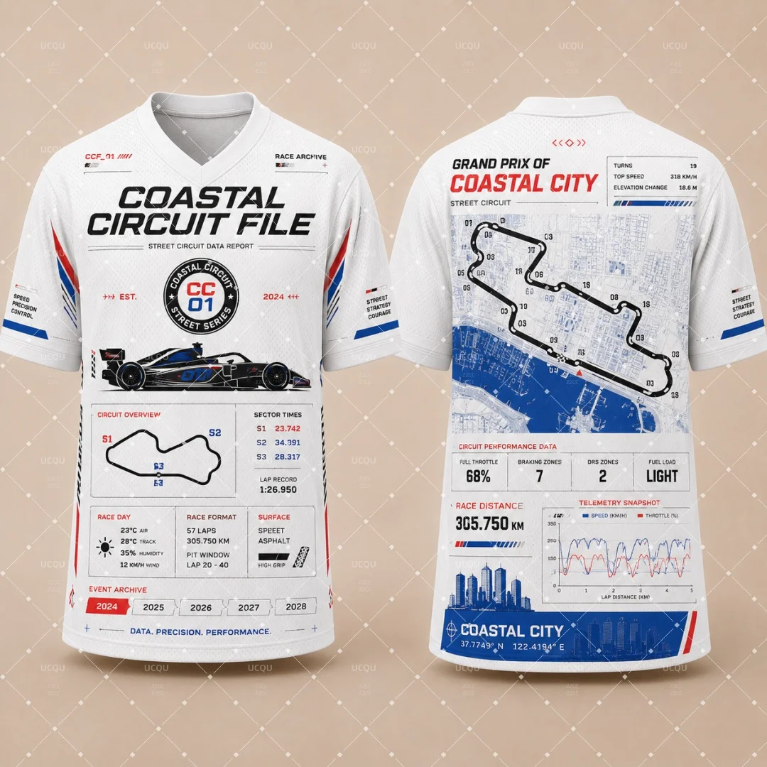 Open‑Wheel Race Circuit Map Graphic V‑Neck Mesh Jersey T‑Shirt Men Custom Track‑Data Motorsport Streetwear Unisex Kids Tee