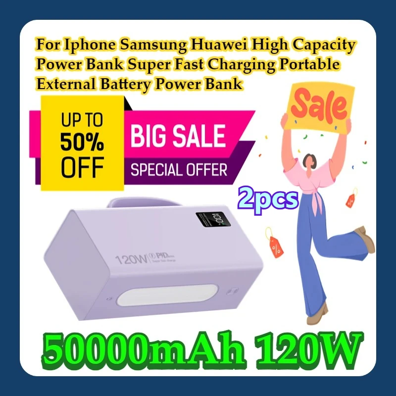 

2pcs For Iphone Samsung Huawei 50000mAh 120W High Capacity Power Bank Super Fast Charging Portable External Battery Power Bank