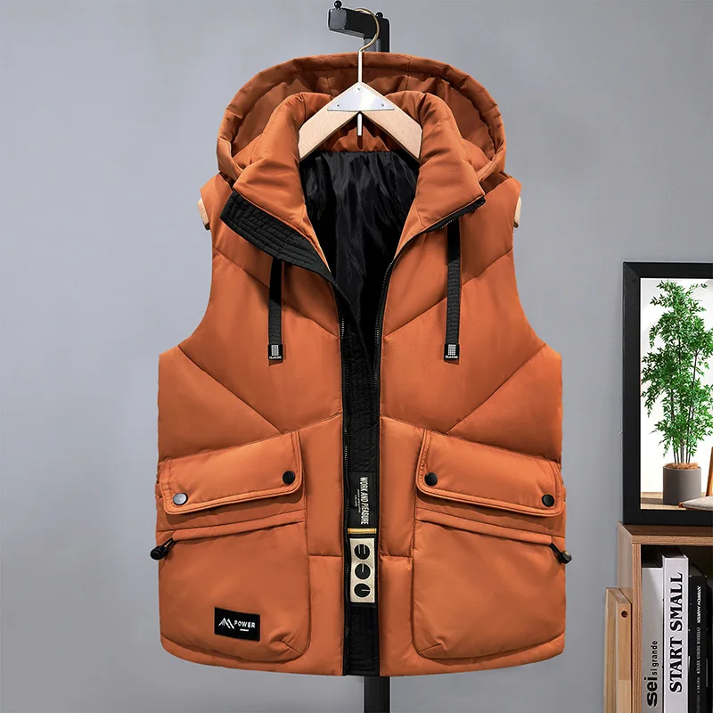Winter Men Hooded Jackets Sleeveless Vests Mens Casual Windproof Waterproof Warm Vests Trendy Workwear Waistcoat Jackets Male