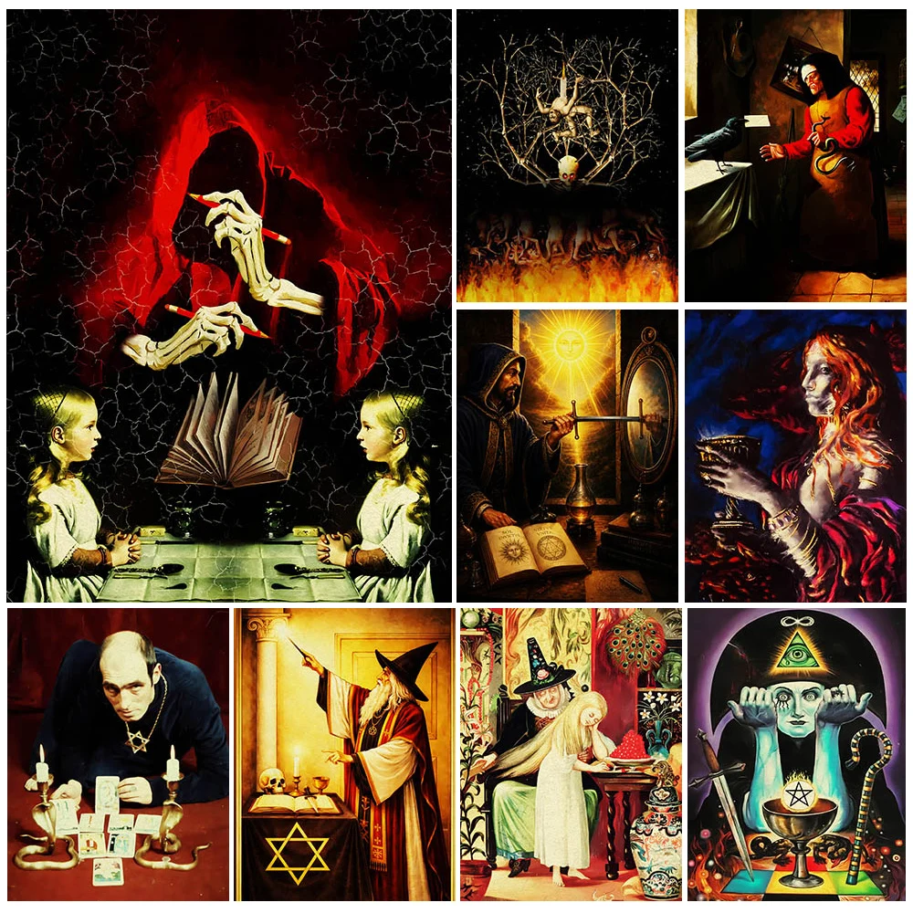 Dark Occult Witchcraft Canvas Wall Art Gothic Wizard Magician Tarot Pentagram All Seeing Eye Skeleton  Art Poster Print Decor