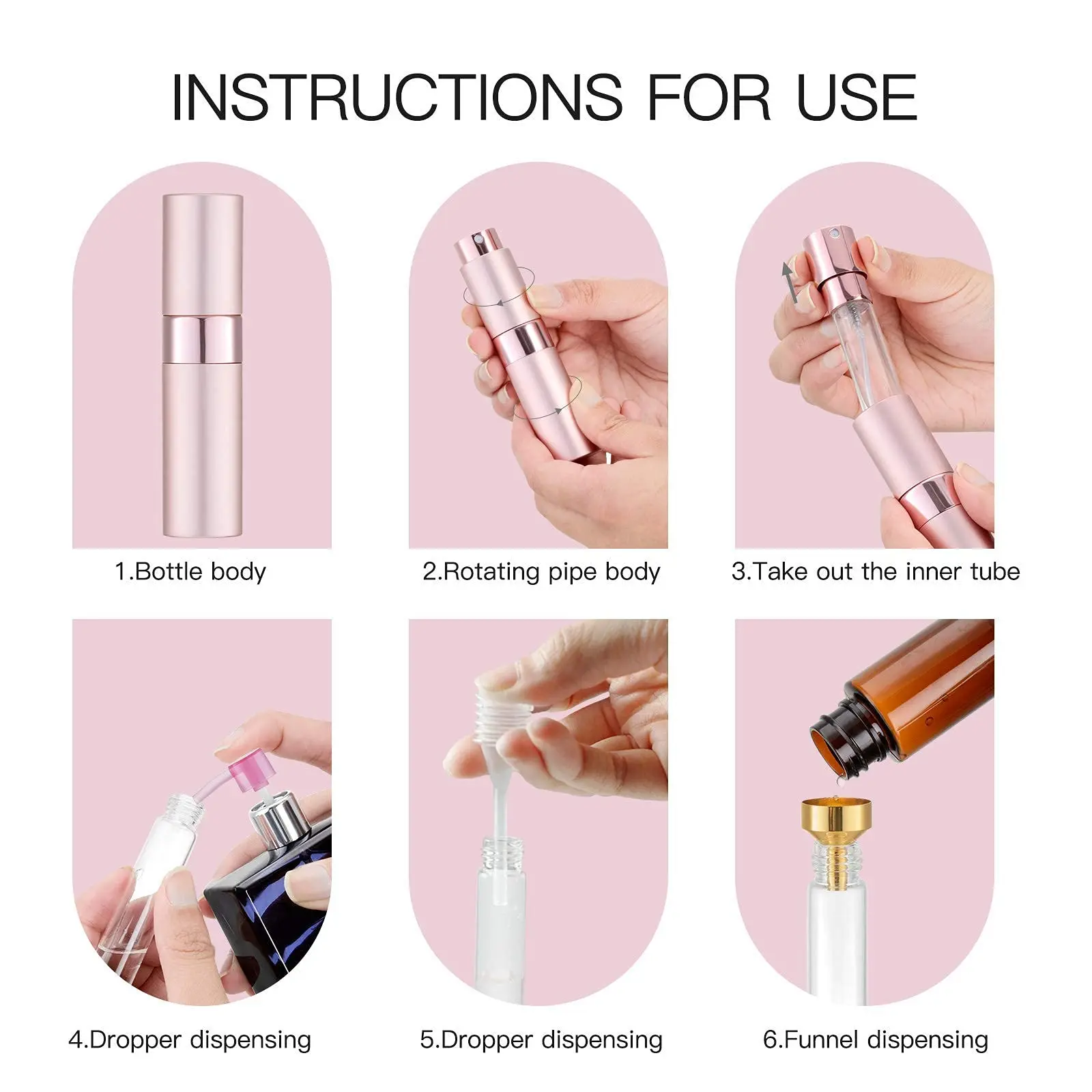 5pcs+9 accessories Travel perfume atomizer refillable Contains 5 spray bottles, 3 funnels, 3 spring-loaded straws, 3 dispensers