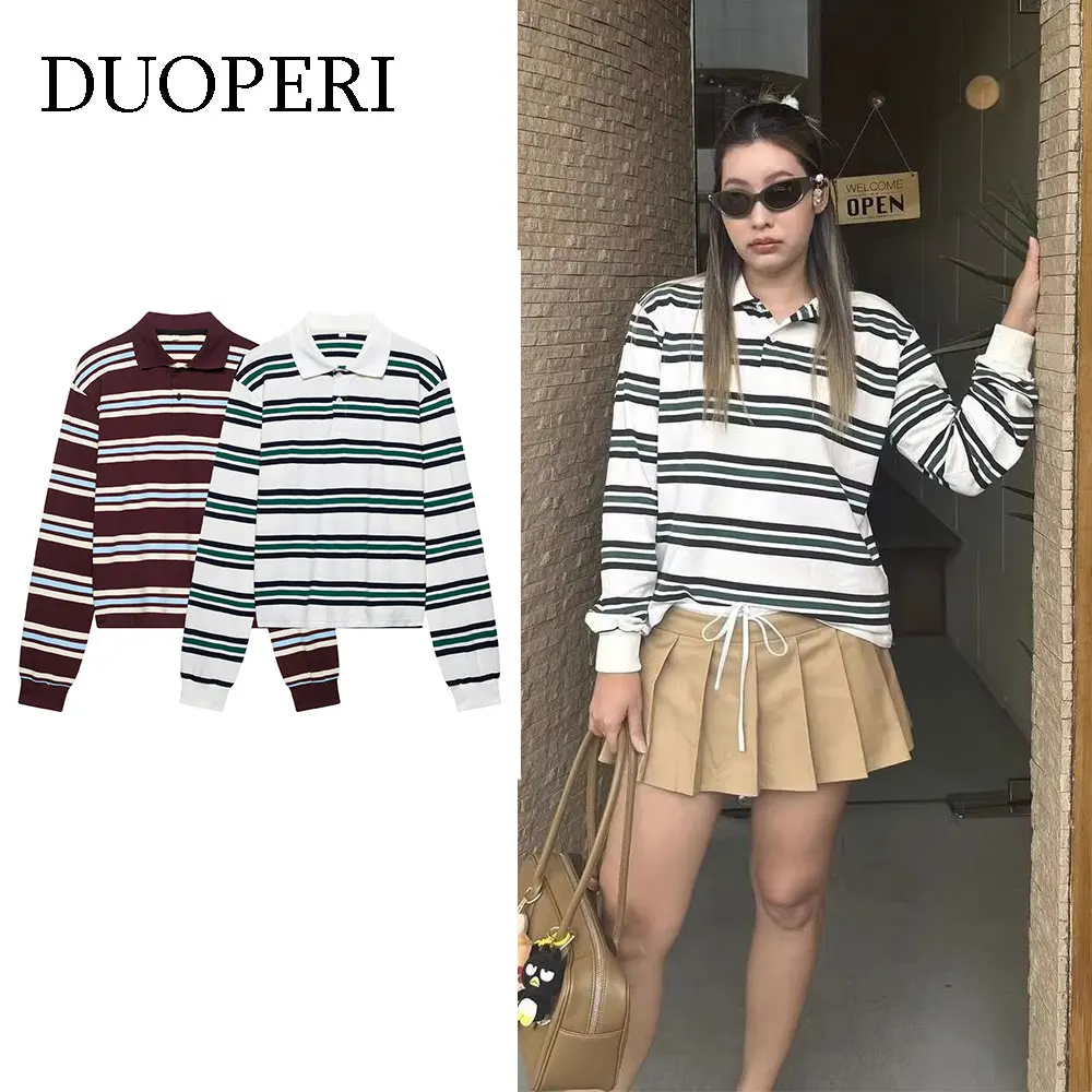 

DUOPERI Women Fashion 2025 New Striped Pullover Shirts Lapel Neck Long Sleeves Elegance Female Chic Lady Polo Shirt Tops