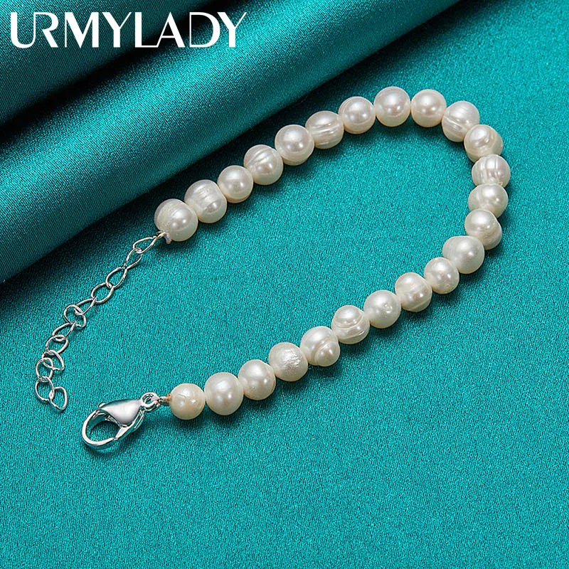 URMYLADY Fine 925 Sterling Silver 8mm bransoletka z pereł dla kobiet Wedding Party moda urok biżuterii — zdjęcie 3