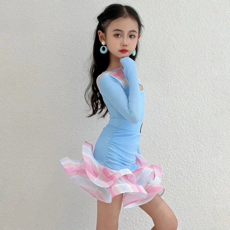 blue latin dance dress dance costume stage costume long sleeve performance costume line dance clothes 2025 new product  dancing view 3