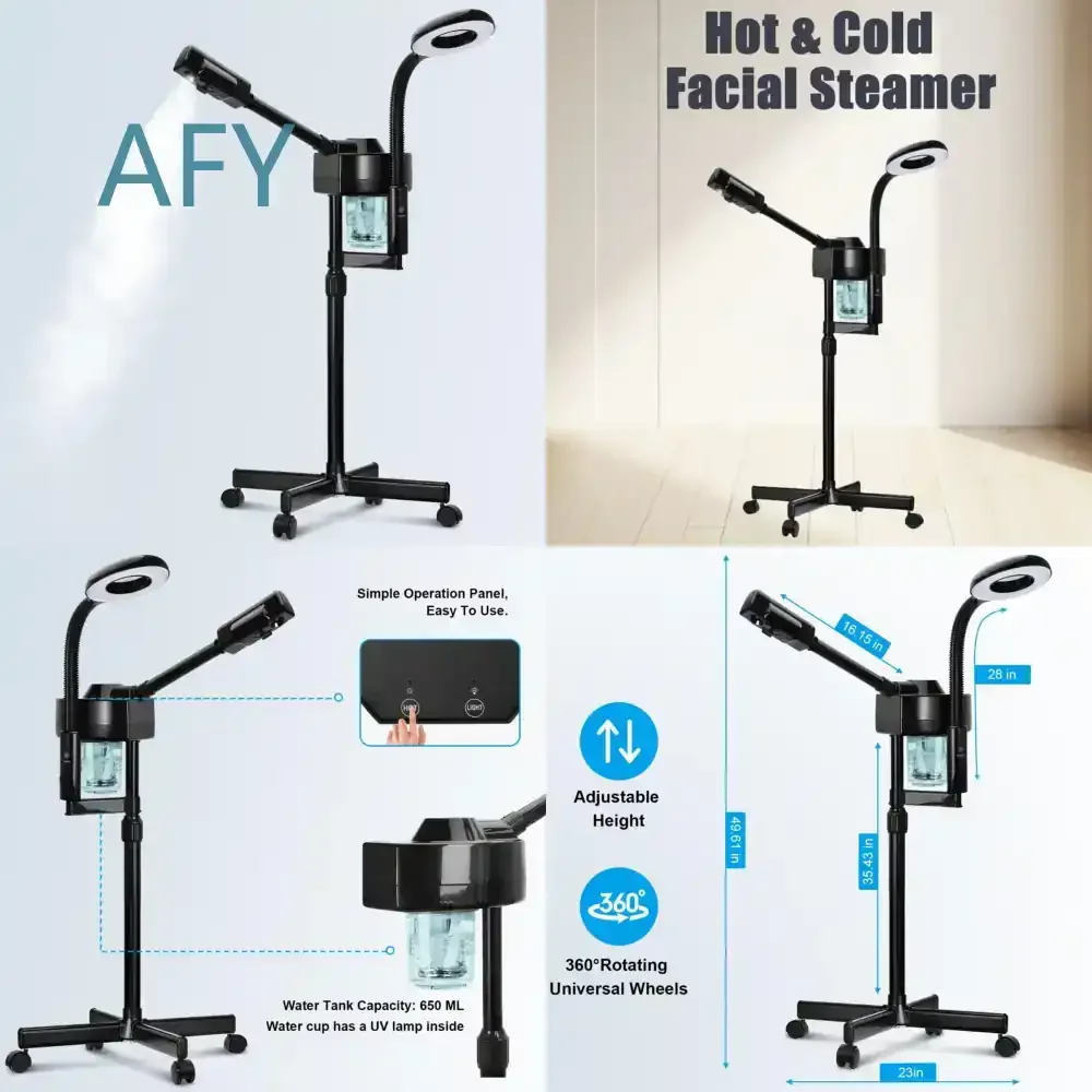 2 in 1 Black Facial Steamer with Magnifying Mirror and Nano Mist for Skin Hydration and Beauty Salon Use for All Skin Types
