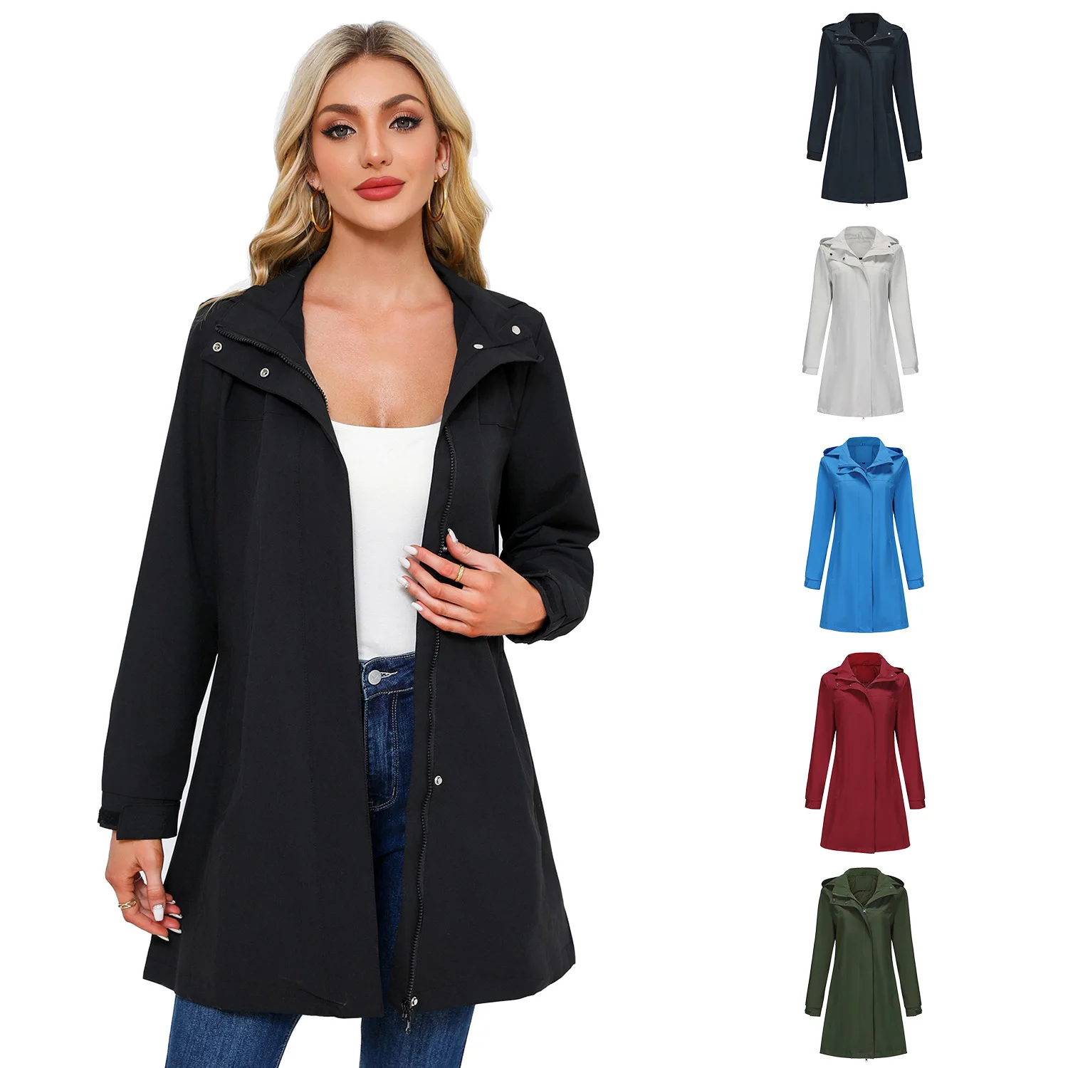 

Water-Resistant Casual Women's Long Sleeve Thin Coat Spring Autumn Detachable Cap Pure Color Commuter Style Polyester Fiber