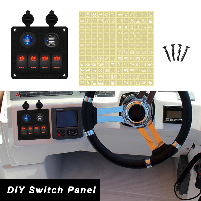 12V/24V 4 Gang Rocker Switch Panel SPST ON OFF Latching Toggle Switch + Dual USB Panel For Car Marine Camper Caravans UTV ATV